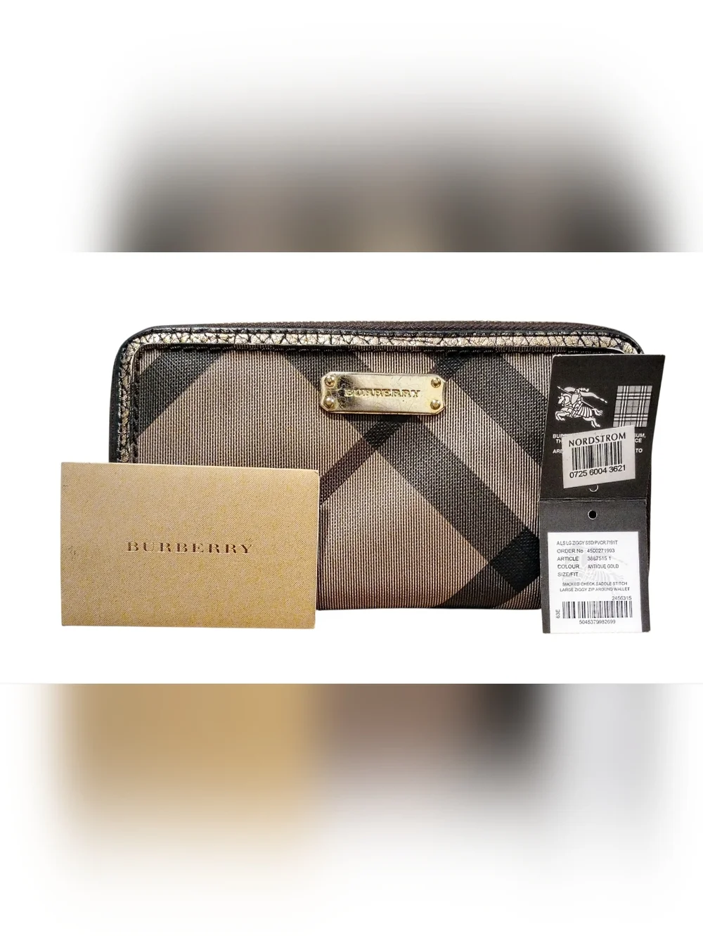 Burberry Smoke Check Stitch Small Zippy Wallet In Antique Gold - Picture 16 of 16